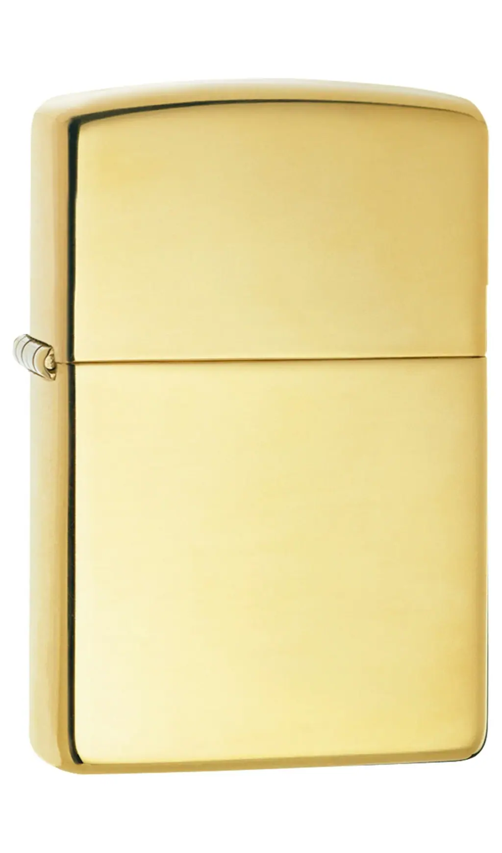 Encendedor Zippo HIGH POLISH BRASS cerrado, de acabado dorado brillante, con tapa rectangular y bisagra lateral sobre fondo blanco.