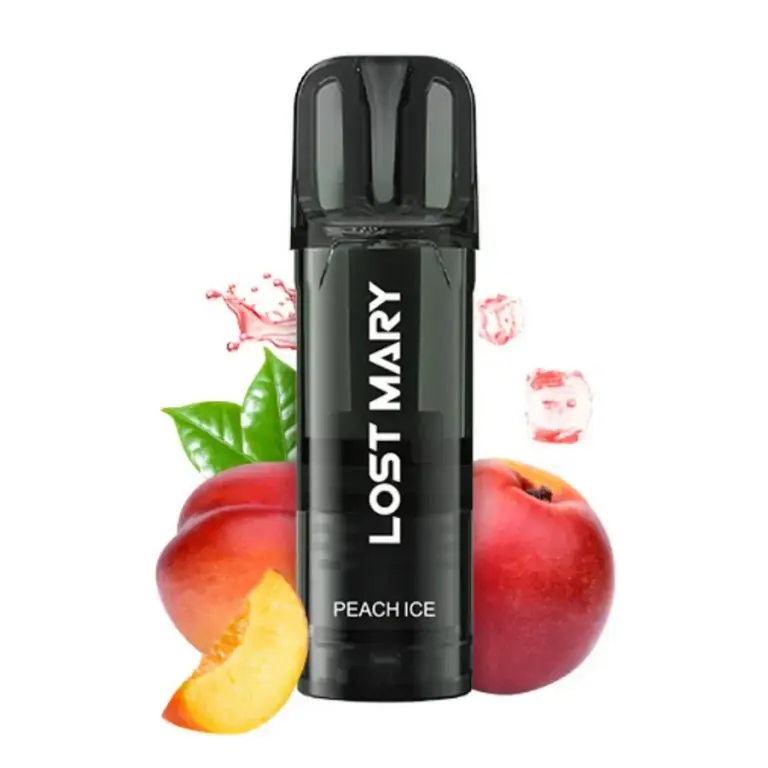 Cartucho Lost Mary negro con inscripción Peach Ice, rodeado de melocotones, una rodaja, hojas verdes y cubitos de hielo.