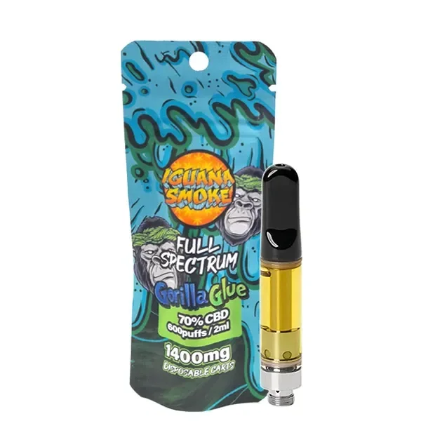 Cartucho Gorilla Glue de Iguana Smoke con líquido amarillo, boquilla negra y envase azul rotulado 70% CBD, 2 ml y 1400 mg.
