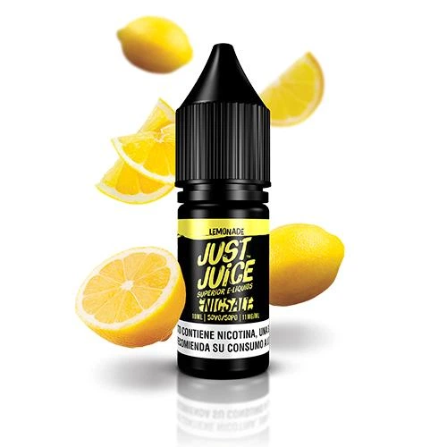 Frasco negro de Just Juice Nic Salts Lemonade con etiqueta amarilla y negra, rodeado de limones enteros y cortados.