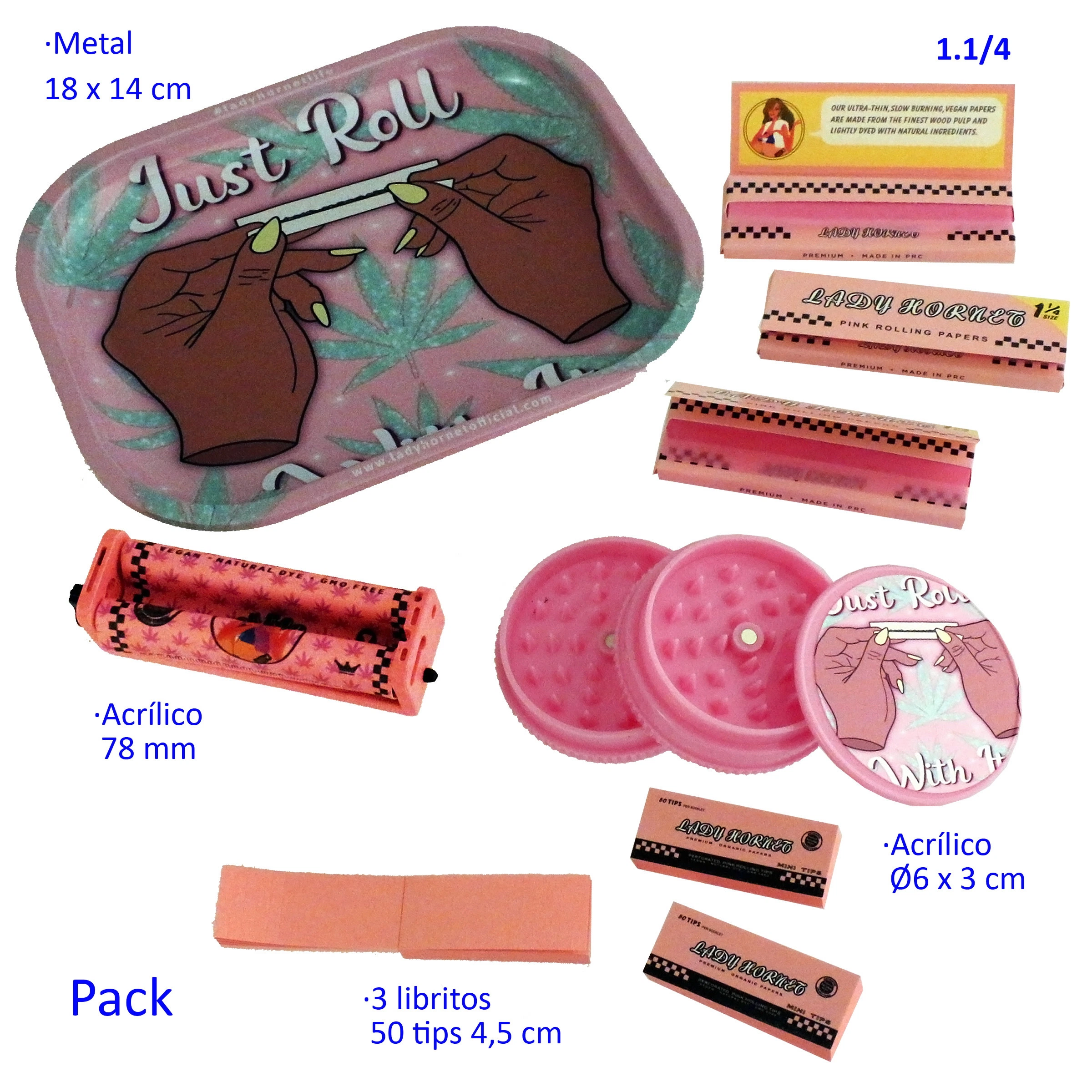 Bandeja rosa Just Roll con dibujo de manos liando, junto a papeles, una máquina de liar, un grinder abierto y libritos de filtros. Bandeja rosa Just Roll con dibujo de manos liando, junto a papeles, una máquina de liar, un grinder abierto y libritos de filtros.