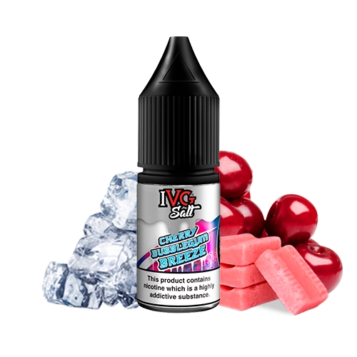 Frasco de IVG Salts Cherry Bubblegum Breeze con tapón negro, rodeado de cerezas, chicles rosas y cubitos de hielo sobre fondo blanco.