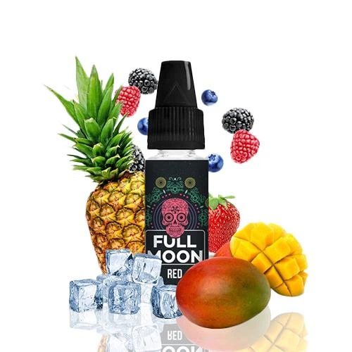 Frasco de aroma Full Moon Red rodeado de piña, mango, fresa, frutos del bosque y cubitos de hielo sobre fondo blanco.