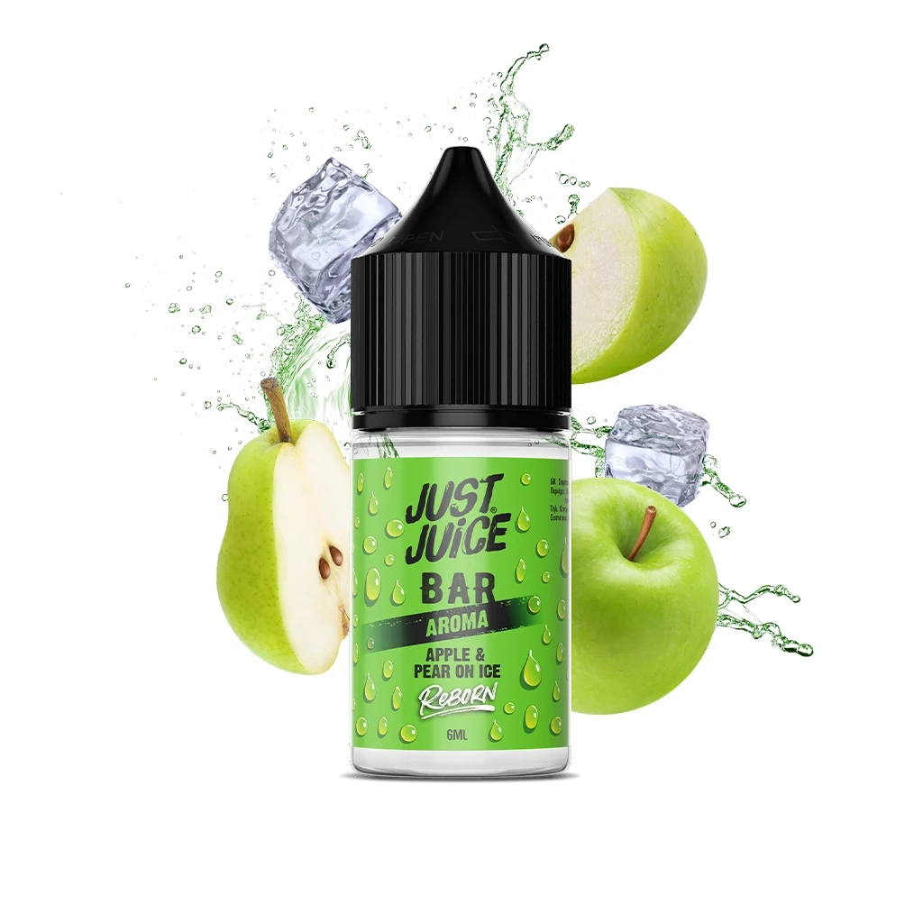 Frasco Just Juice Reborn Apple & Pear On Ice de 6 ml con tapón negro, rodeado de manzana verde, pera, cubitos de hielo y salpicaduras.