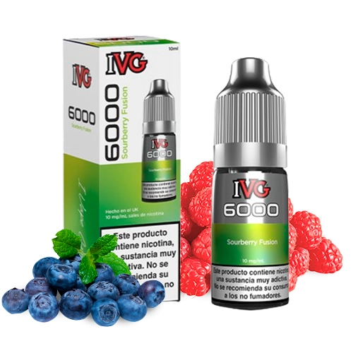 Frasco IVG 6000 Salts Sourberry Fusion con su caja blanca y verde, rodeado de arándanos, frambuesas y hojas de menta.