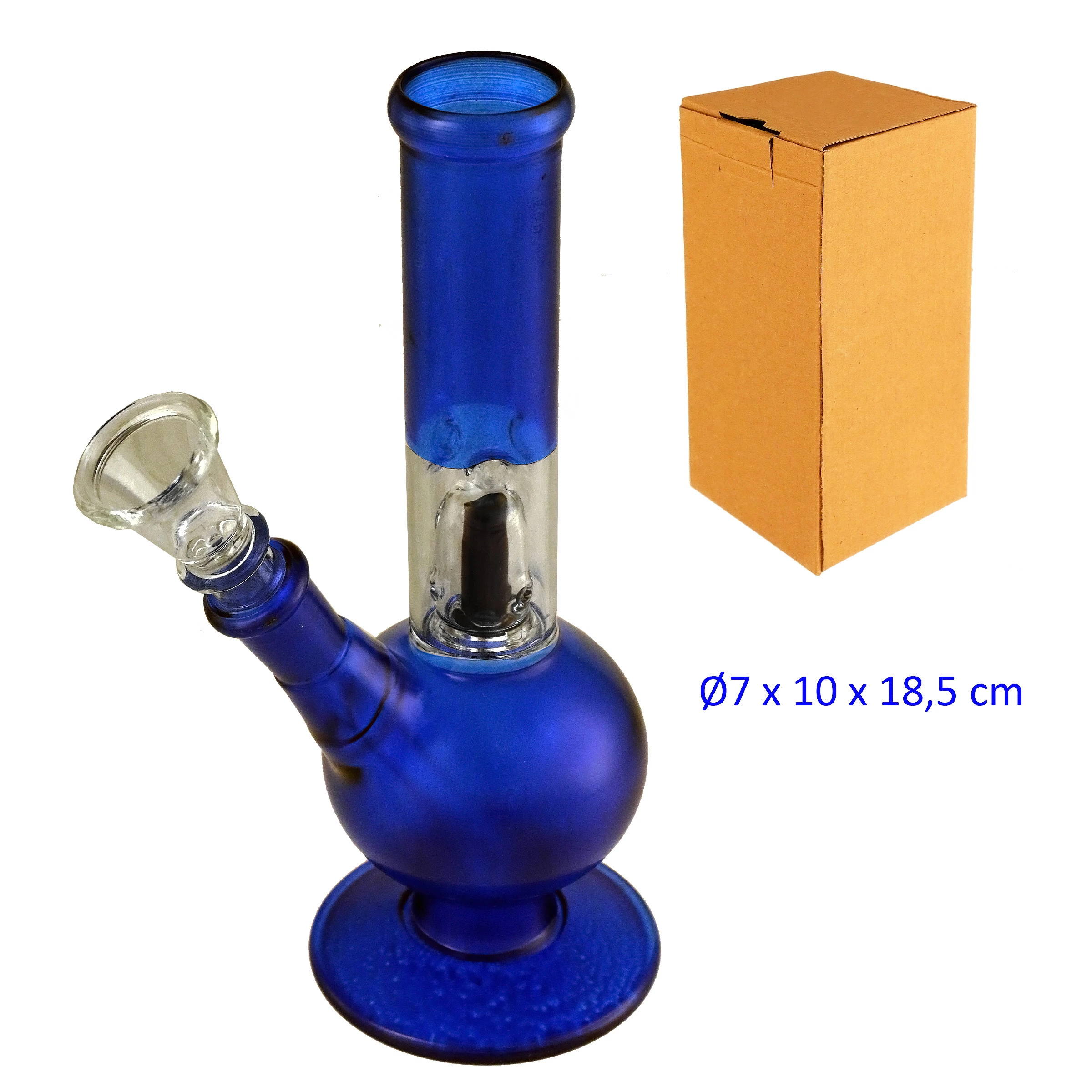 Bong de cristal azul con cuerpo esférico, base circular y cazoleta transparente inclinada, junto a una caja de cartón.