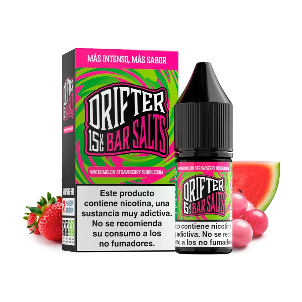Frasco y caja de Drifter Bar Salts Watermelon Strawberry Bubblegum, con fresas, sandía y bolas rosas sobre fondo blanco.