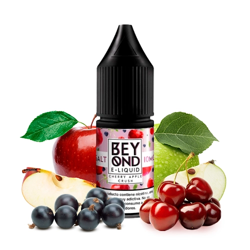 Frasco de Beyond Salts Cherry Apple Crush con tapón negro, rodeado de manzanas, cerezas y pequeñas bayas oscuras.