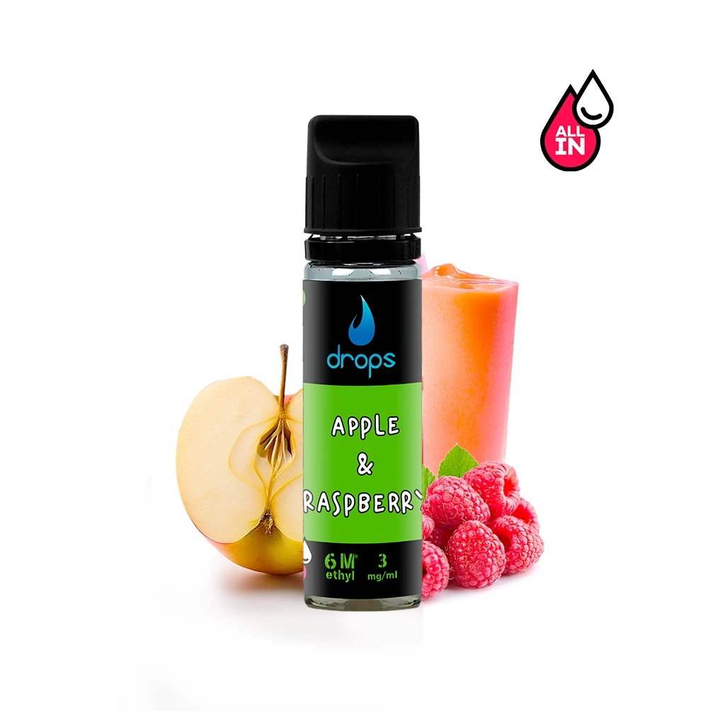 Frasco de Drops Apple Raspberry con etiqueta verde y tapón negro, acompañado de media manzana, frambuesas y un vaso de bebida.