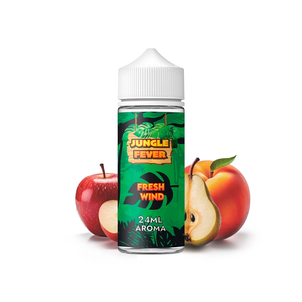 Frasco de Jungle Fever Fresh Wind con etiqueta verde, tapón blanco y texto «24 ml aroma», junto a una manzana, una pera y un melocotón.