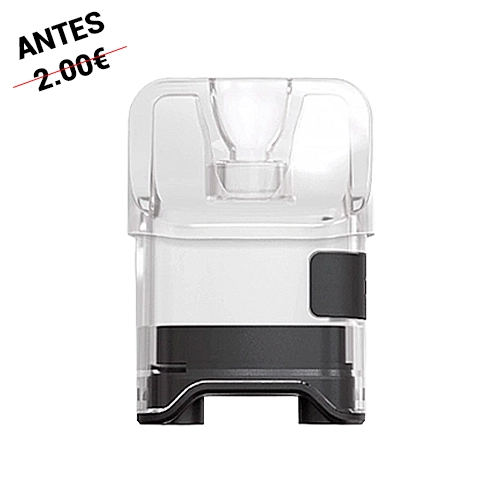 Cartucho de recambio Aspire Riil X transparente, visto de frente, con boquilla integrada, pieza lateral negra y base oscura.
