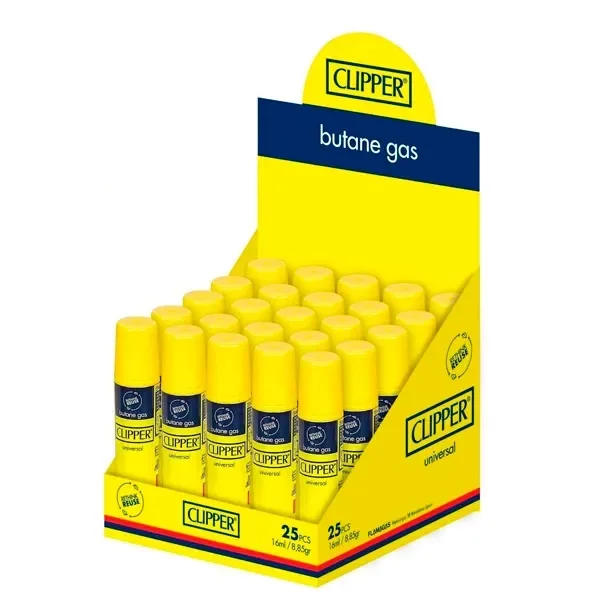 Expositor amarillo de gas Clipper con envases de tapón amarillo y etiqueta azul, dispuesto en varias filas sobre fondo blanco.