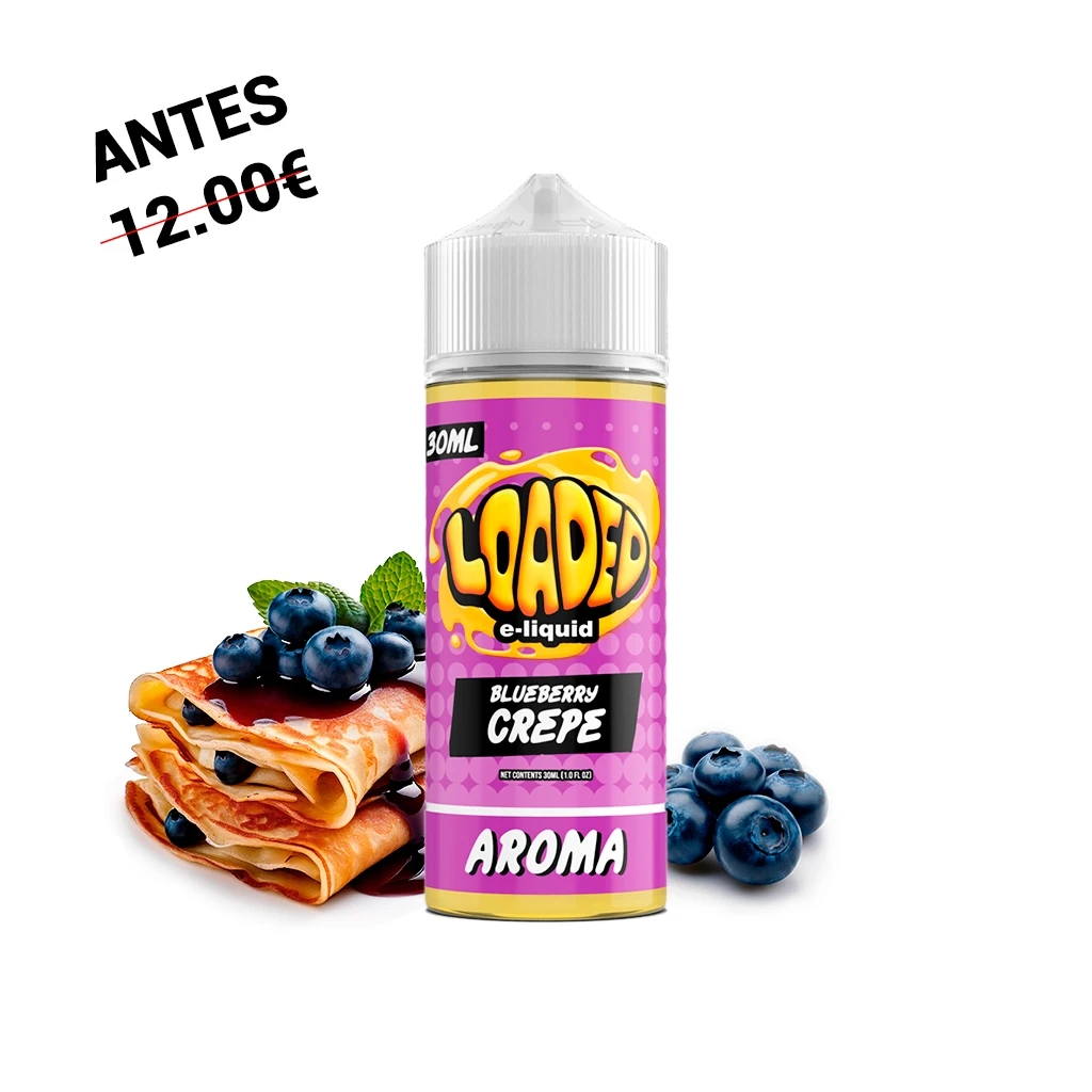 Bote Loaded Blueberry Crepe Longfill de 30 ml, con etiqueta rosa y tapón blanco, junto a crepes y arándanos.