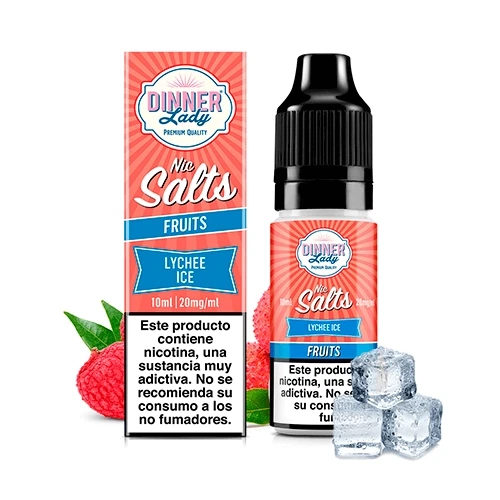 Frasco y caja coral de Dinner Lady Lychee Ice Nic Salt, con advertencia sobre nicotina, junto a lichis y cubitos de hielo.