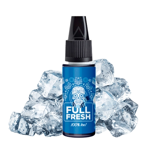 Frasco de aroma Full Fresh con etiqueta azul, dibujo de una calavera y tapón negro, rodeado de cubitos de hielo.