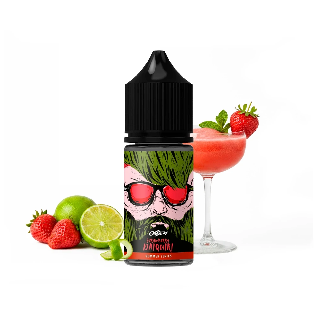 Frasco Ossem Strawberry Daiquiri con tapón negro y etiqueta ilustrada, acompañado de fresas, limas y una copa con bebida roja.