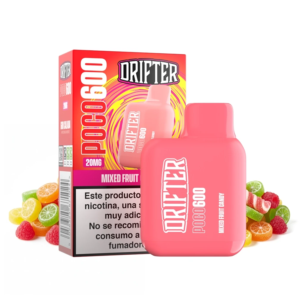Vapeador rosa Drifter Poco 600 Mixed Fruit Candy junto a su caja, con frutas y golosinas de colores alrededor sobre fondo blanco.