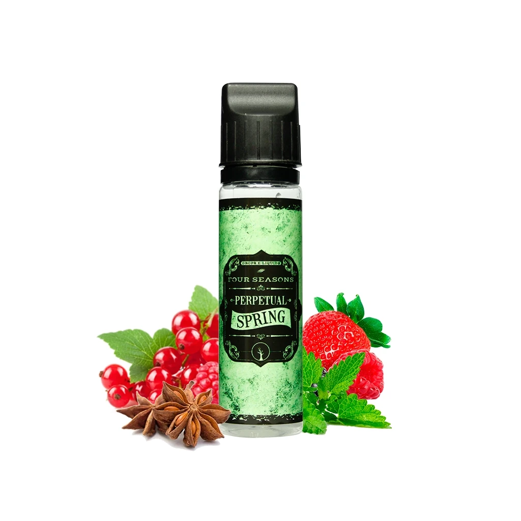 Frasco Drops Perpetual Spring con tapón negro y etiqueta verde, rodeado de fresas, frutos rojos, hojas verdes y anís estrellado.