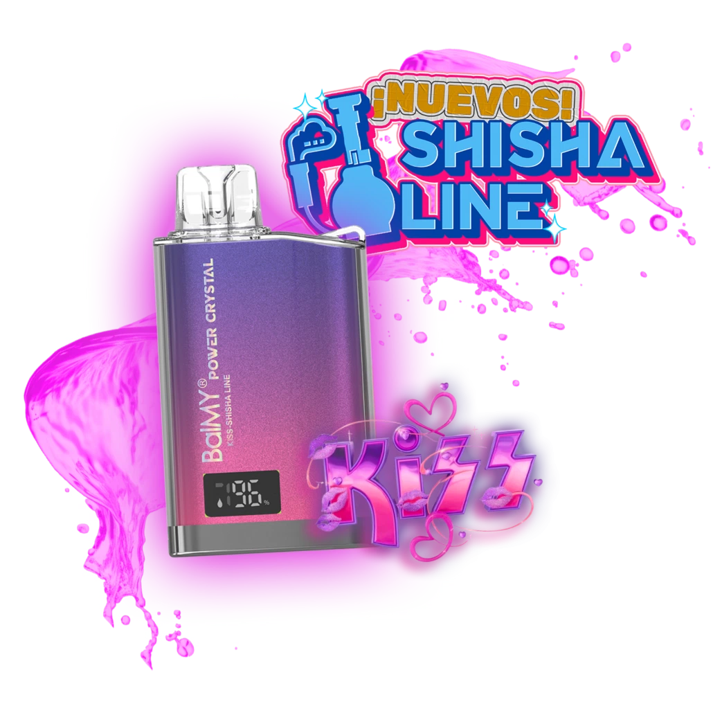 Vapeador BalMY Power Crystal Kiss con cuerpo degradado violeta y rosa, boquilla transparente y pantalla, sobre fondo negro con gráficos rosas.