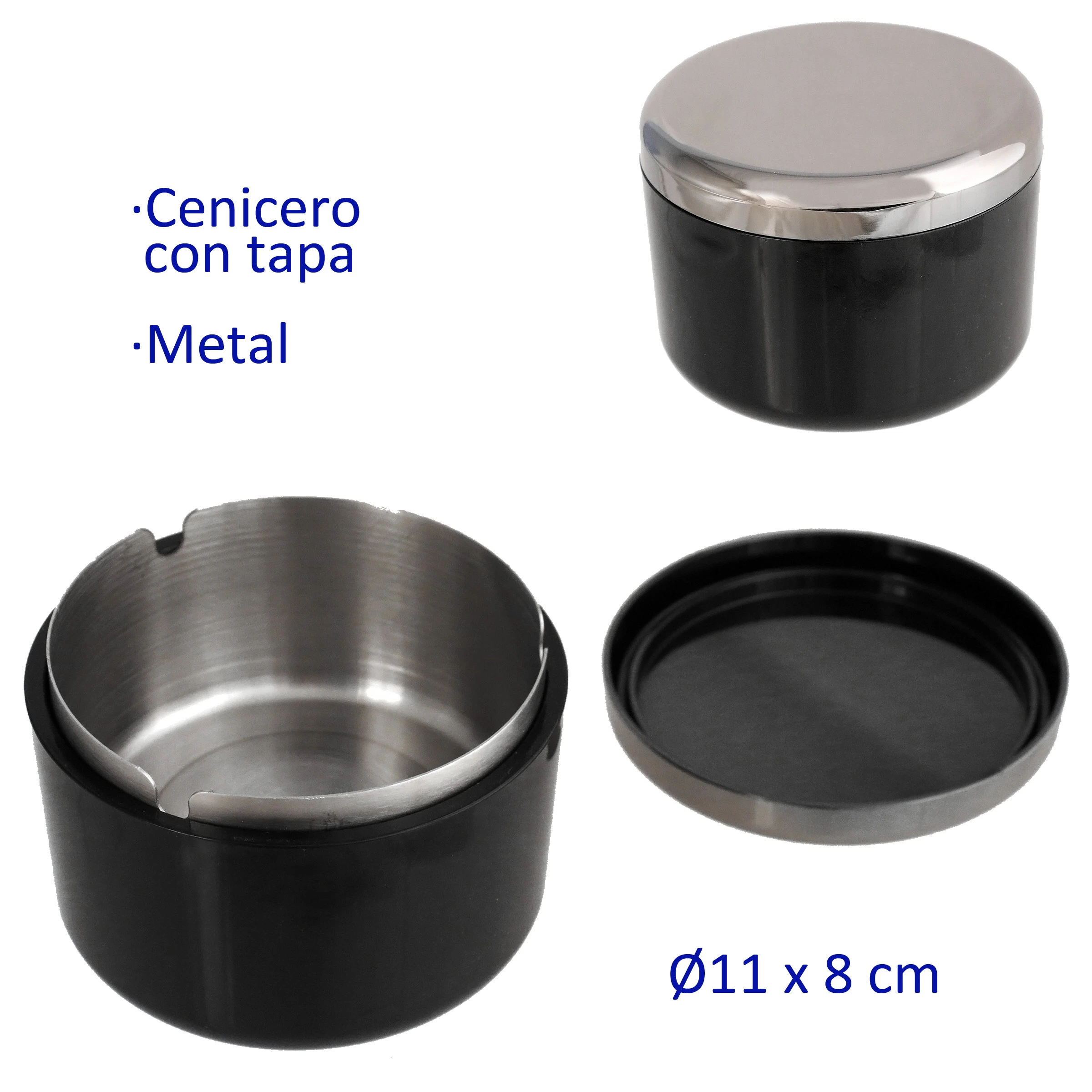 Cenicero de mesa negro con tapa plateada, mostrado cerrado y abierto, con interior metálico y muescas en el borde.