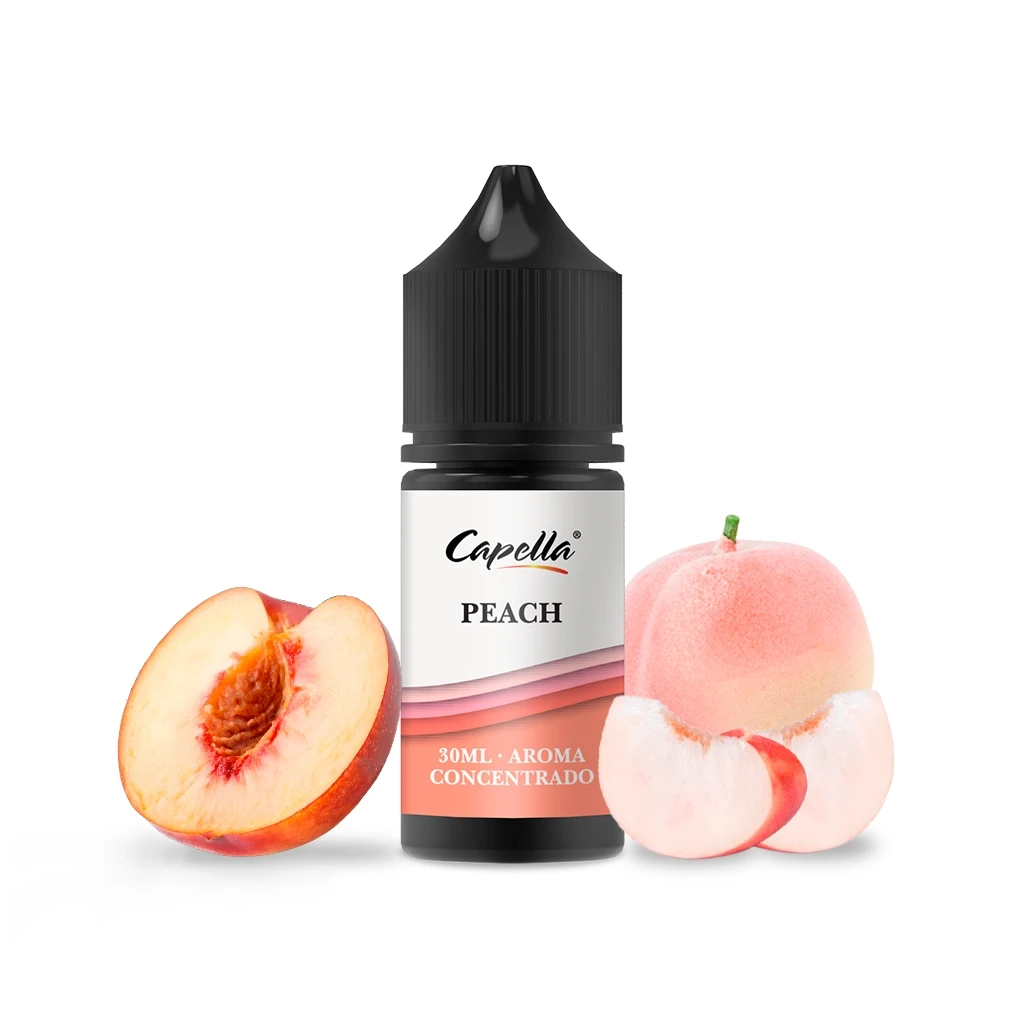 Frasco Capella Peach de 30 ml con tapón negro y etiqueta blanca y coral, acompañado de melocotones enteros y cortados.