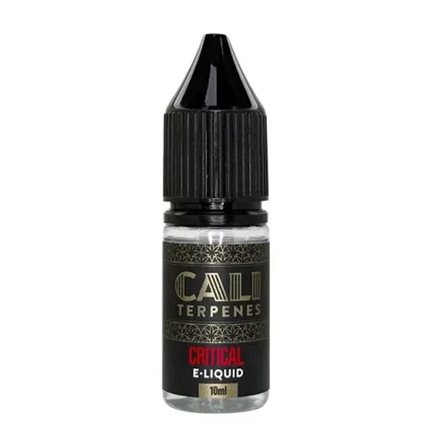 Frasco de E-Liquid Cali Terpenes Critical de 10 ml, con tapón negro estriado y etiqueta negra con letras doradas, rojas y blancas.