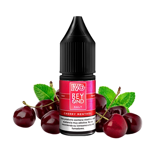 Bote de Beyond Salts Cherry Menthol de IVG con tapón negro y etiqueta roja, rodeado de cerezas y hojas verdes sobre fondo blanco.
