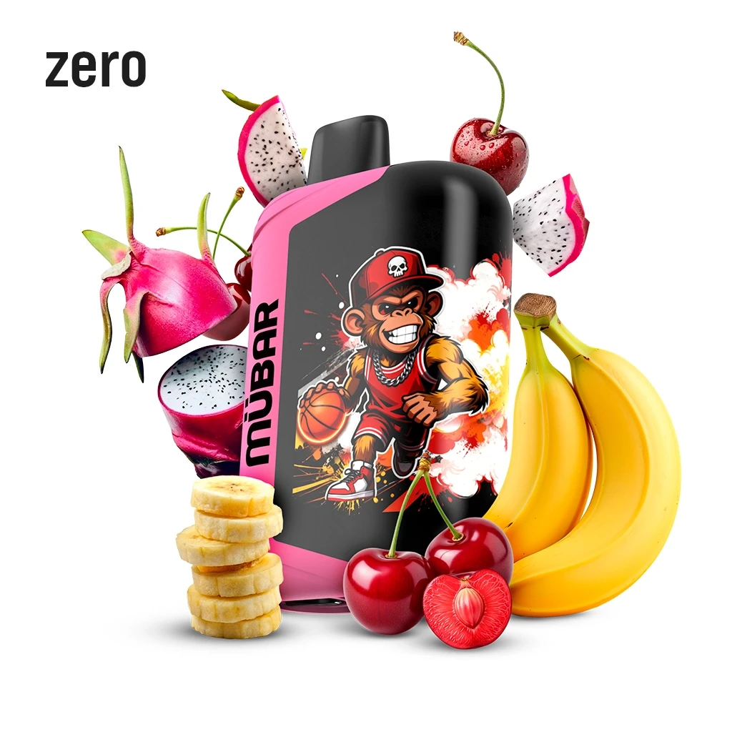 Vaper Mübar Eden Beast 50K rosa y negro con un mono dibujado, rodeado de pitaya, plátanos y cerezas; texto «zero» en la esquina.