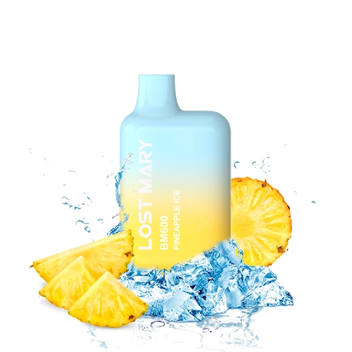 Vaper Lost Mary BM600 Pineapple Ice con degradado azul y amarillo, rodeado de trozos de piña, hielo y salpicaduras.