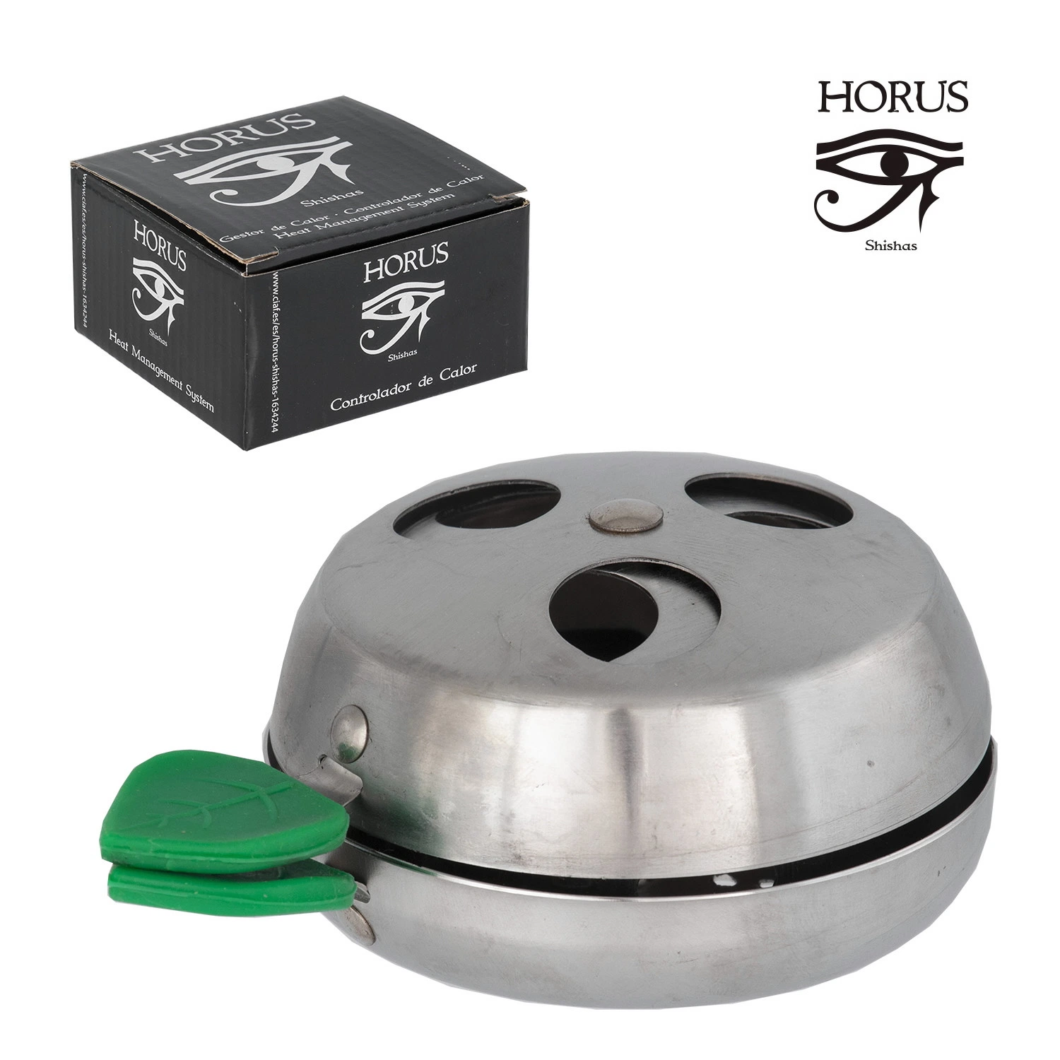 Gestor de calor HORUS para cachimba, plateado y circular, con aberturas superiores y agarres verdes en forma de hoja, junto a su caja.