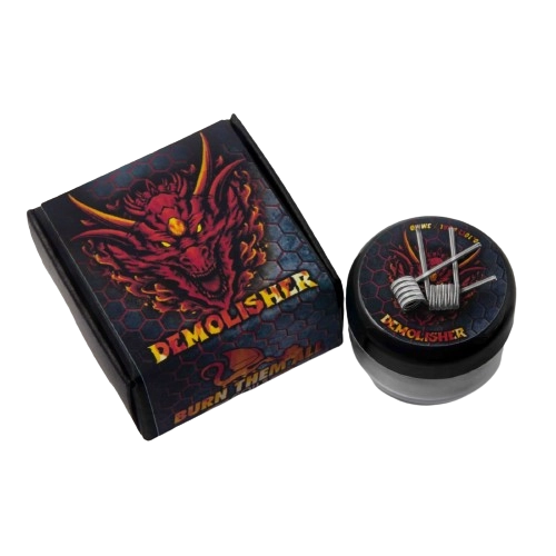 Caja de coils Demolisher de Burn Them All con un demonio rojo y tarro redondo con dos resistencias sobre la tapa, sobre fondo negro.