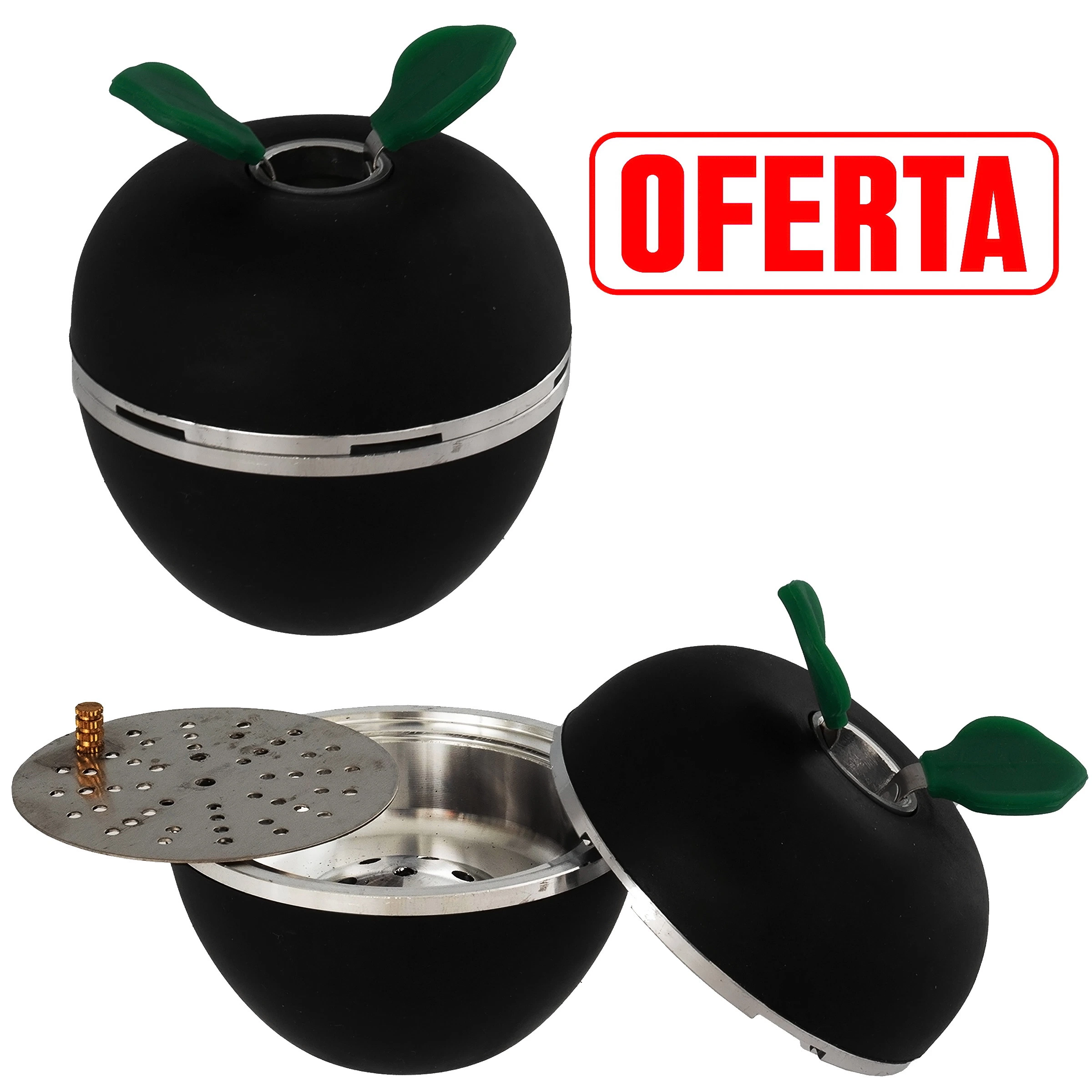 Gestor de calor para cachimba negro y plateado, cerrado y desmontado, con asas verdes en forma de hojas y disco perforado.