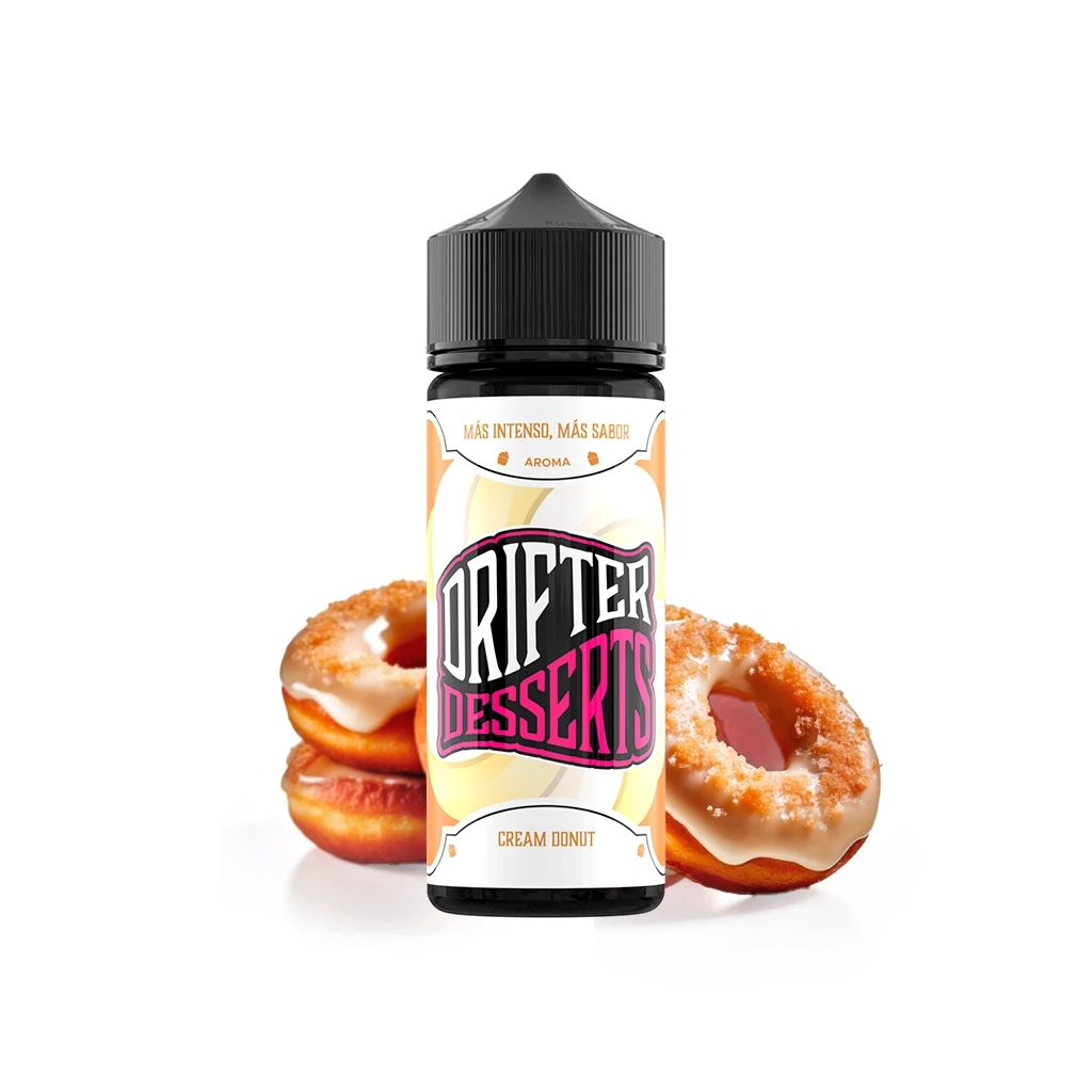 Botella Drifter Desserts Cream Donut con tapón negro y etiqueta en tonos crema y rosa, delante de varios donuts glaseados.