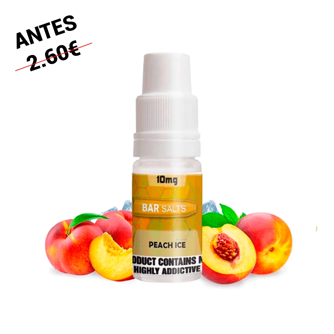 Frasco de Bar Salts Peach Ice con tapón blanco y etiqueta de 10 mg, rodeado de melocotones enteros y cortados sobre fondo blanco.
