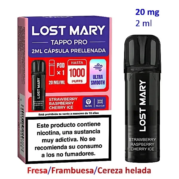 Pod negro Lost Mary TAPPO PRO Strawberry Raspberry Cherry Ice junto a su caja, con indicaciones de 2 ml, 20 mg/ml y advertencia sobre nicotina.