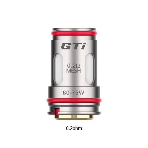 Resistencia GTi metálica con dos juntas rojas e inscripciones visibles de 0,2 Ω Mesh y 60–75 W sobre fondo blanco.