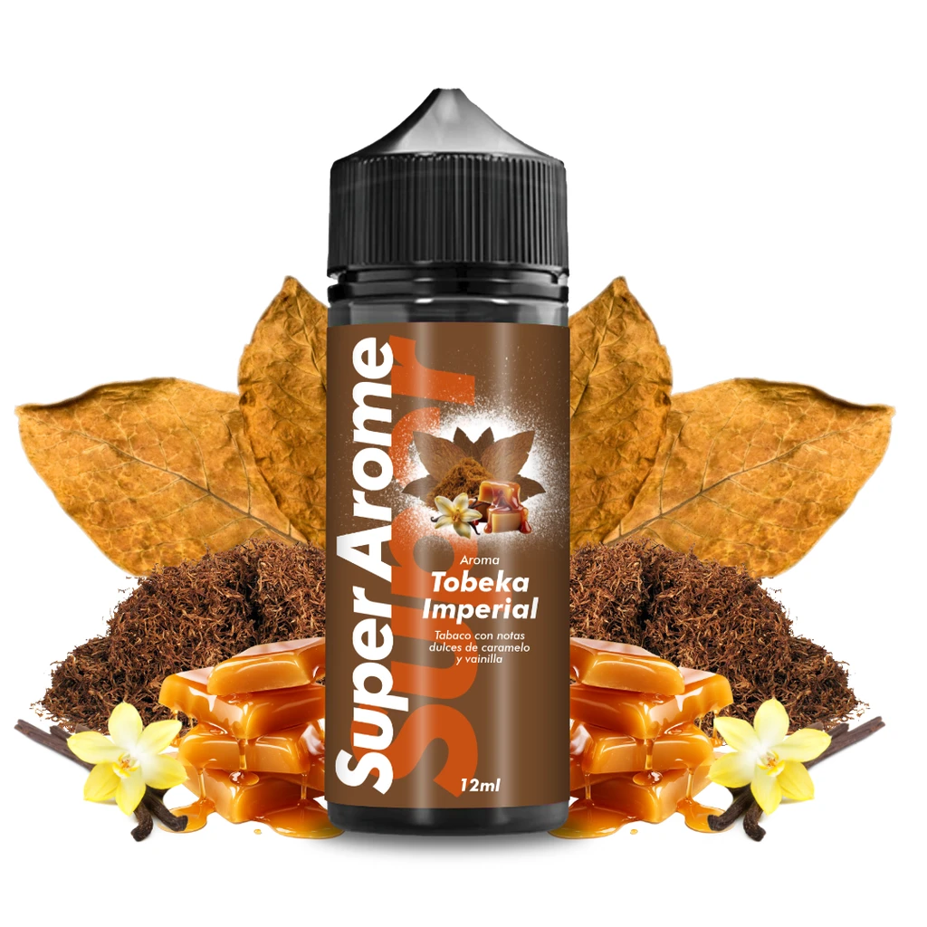 Bote de aroma Tobeka Imperial Super Arome de 12 ml con tapón negro, rodeado de hojas de tabaco, caramelos y flores de vainilla.