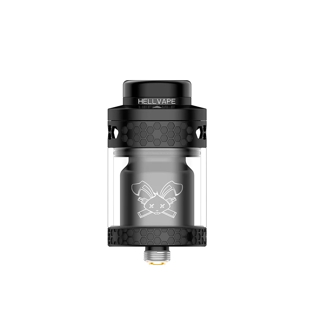 Atomizador Hellvape negro con depósito transparente, bandas con dibujo hexagonal y emblema de conejo, sobre fondo blanco.