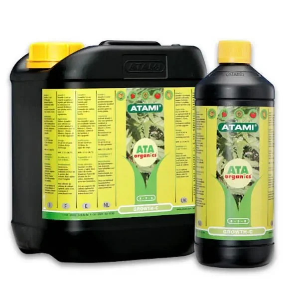 Growth-C de Atami en dos formatos: garrafa y botella negras con tapones amarillos y etiquetas verdes, sobre fondo blanco.