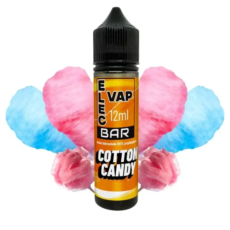 Bote de aroma Cotton Candy Bar de Elecvap, con tapón negro y etiqueta naranja de 12 ml, rodeado de algodón de azúcar rosa y azul.