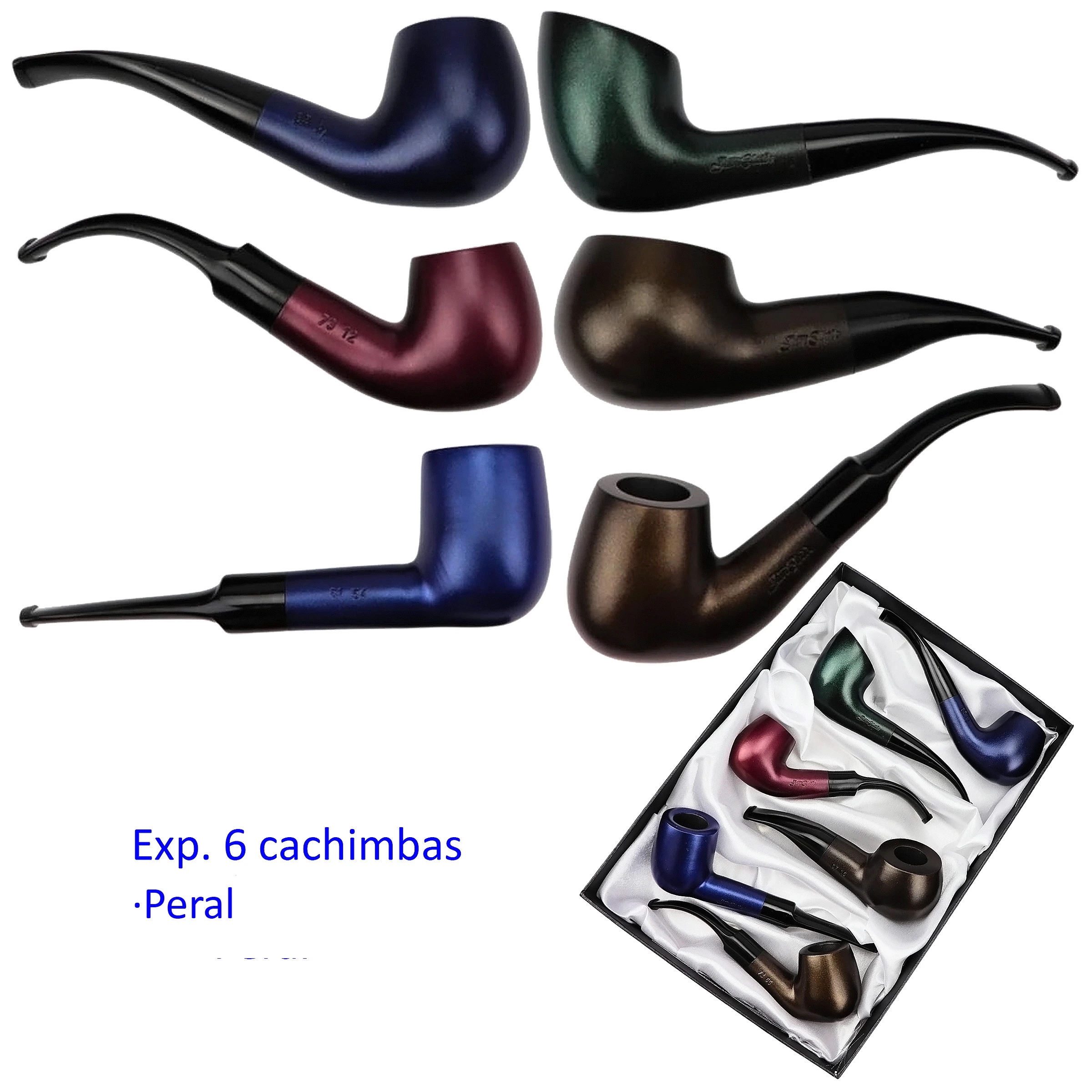 Selección de seis pipas de distintos colores, con boquillas negras rectas y curvas, y vista de su presentación en estuche.