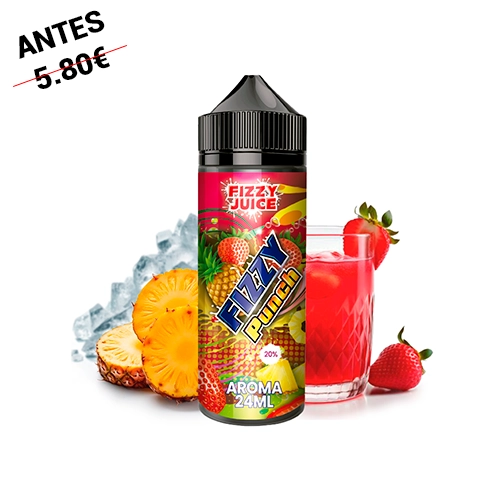 Frasco de Fizzy Juice Punch Longfill 24 ml con tapón negro, acompañado de piña, fresas, hielo y un vaso de bebida roja.