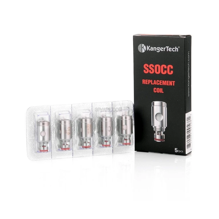 Cinco resistencias SSOCC KangerTech plateadas con juntas rojas en un blíster, junto a una caja negra rotulada SSOCC Replacement Coil.