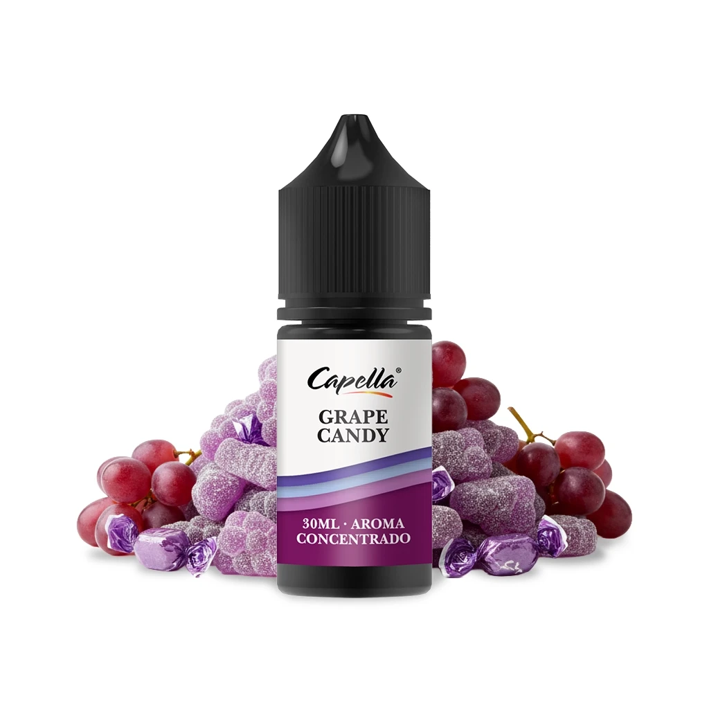 Frasco de aroma Capella Grape Candy de 30 ml con tapón negro, rodeado de uvas rojas y caramelos morados.