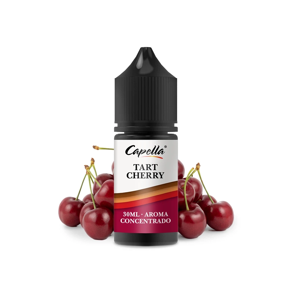 Frasco de aroma Capella Tart Cherry de 30 ml con tapón negro y etiqueta blanca y roja, rodeado de cerezas sobre fondo blanco.