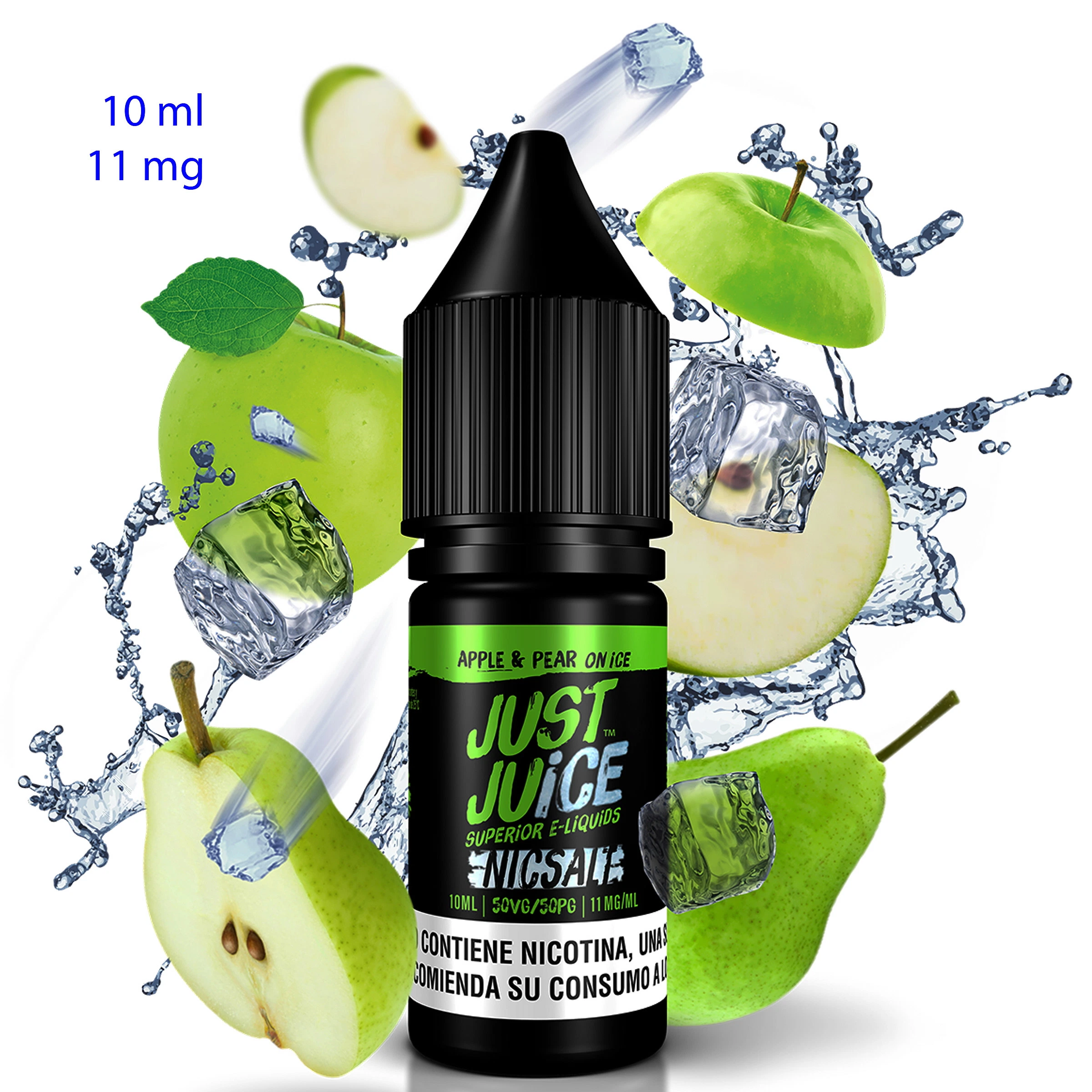 Frasco negro Just Juice Apple & Pear on Ice de 10 ml y 11 mg/ml, con manzanas verdes, peras, hielo y salpicaduras alrededor.