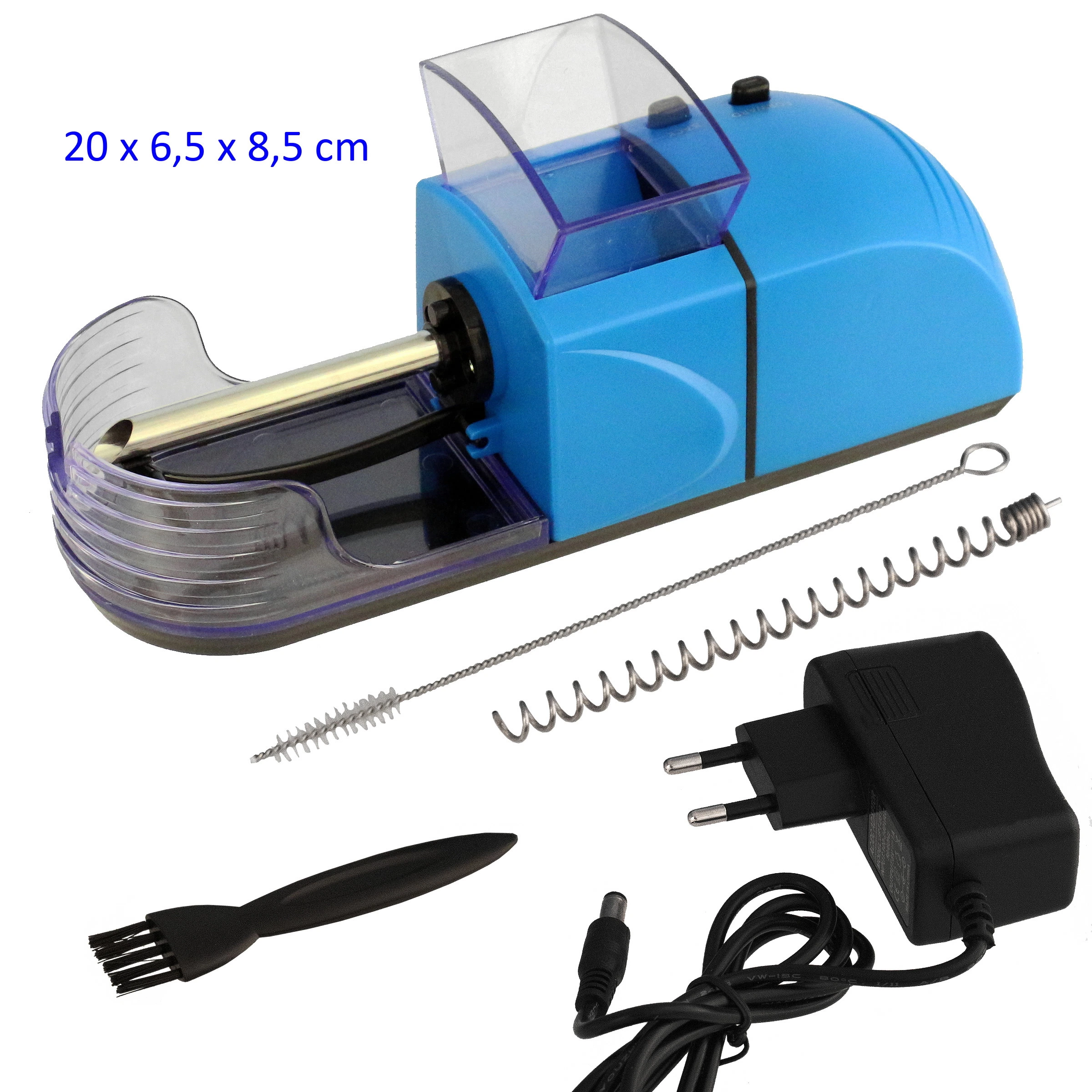 Máquina eléctrica llenadora de tubos azul con tolva transparente, acompañada de adaptador, cepillos de limpieza y pieza en espiral. Máquina eléctrica llenadora de tubos azul con tolva transparente, acompañada de adaptador, cepillos de limpieza y pieza en espiral.