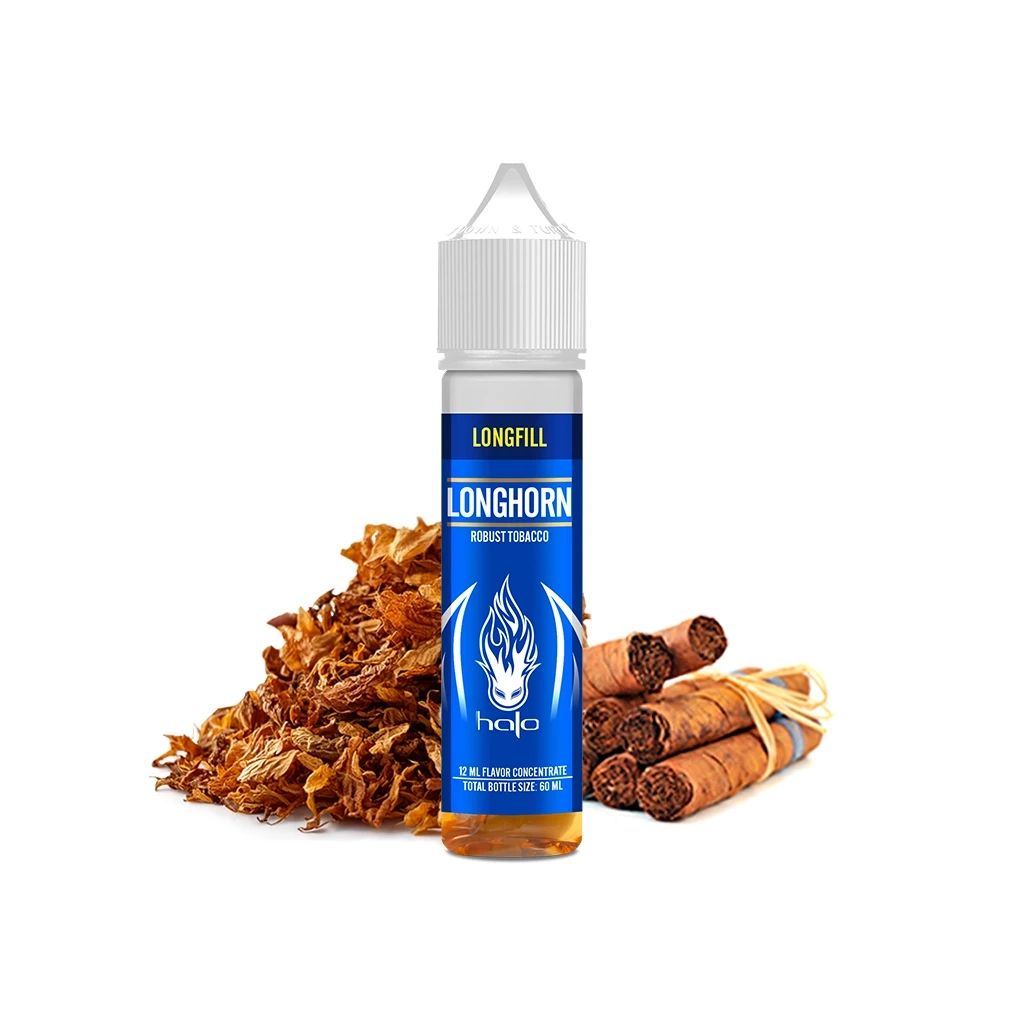 Frasco Halo Longhorn Longfill con etiqueta azul y tapón blanco, delante de hojas de tabaco y puros sobre fondo blanco.