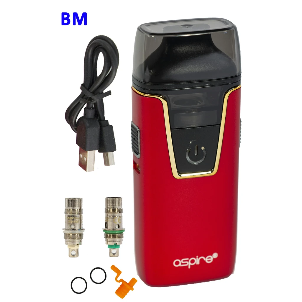Aspire Nautilus AIO rojo con boquilla oscura y detalles dorados, junto a cable USB, dos resistencias, juntas y piezas naranjas.
