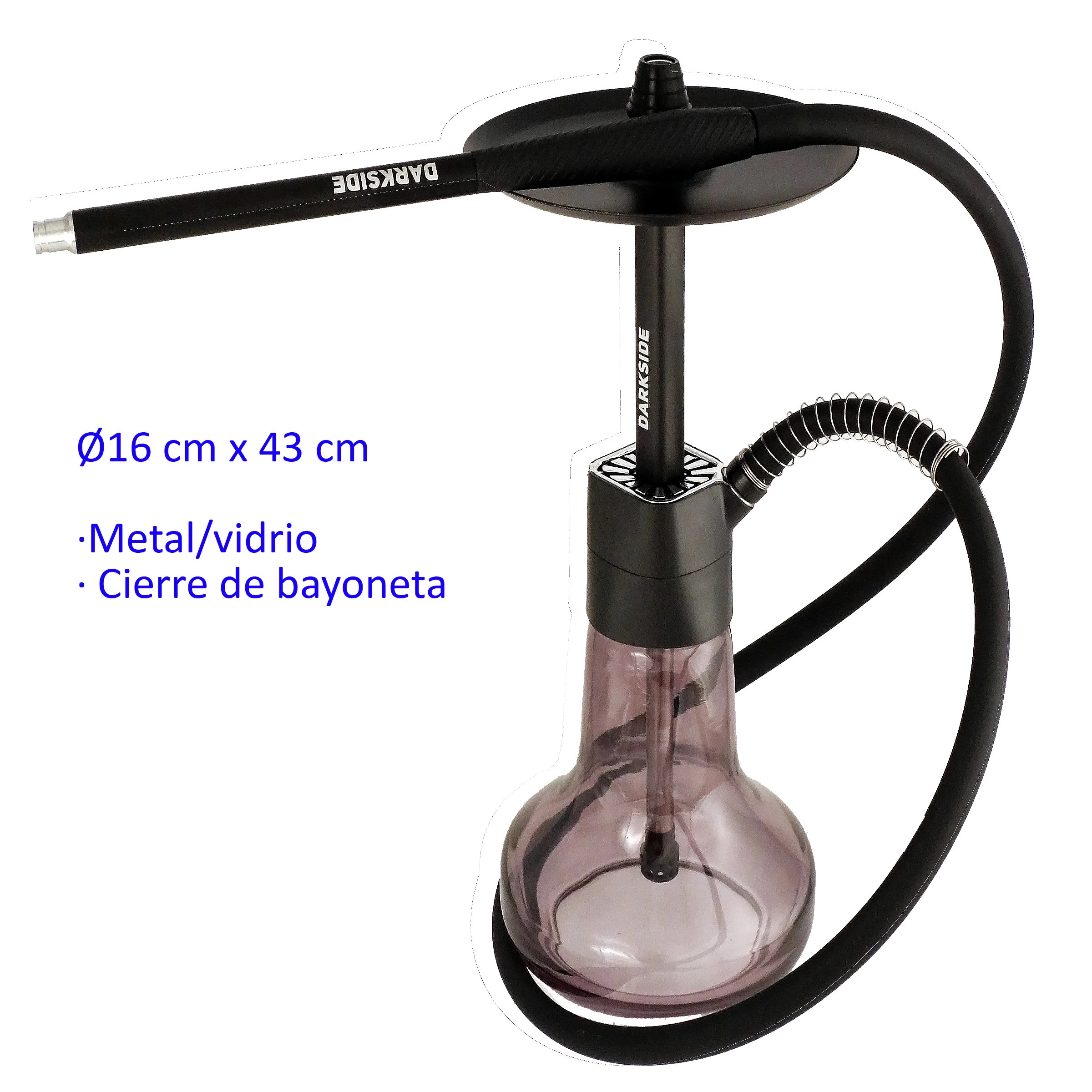 Shisha negra de 43 cm con base de cristal tintado, plato superior y manguera negra curvada con boquilla alargada sobre fondo blanco.